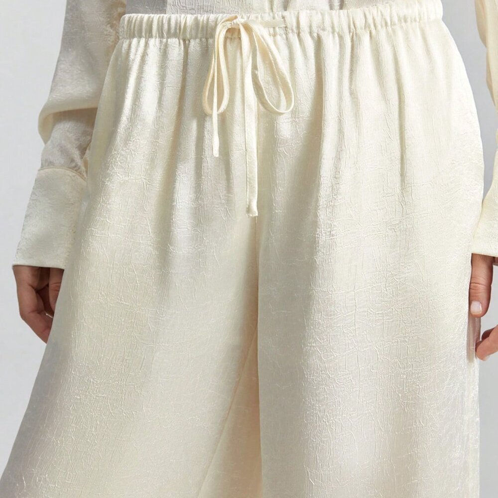 Beige Satin Minimalist Bohemian Women's Long Sleeve Shirt Side Slit - Picture 4 of 4